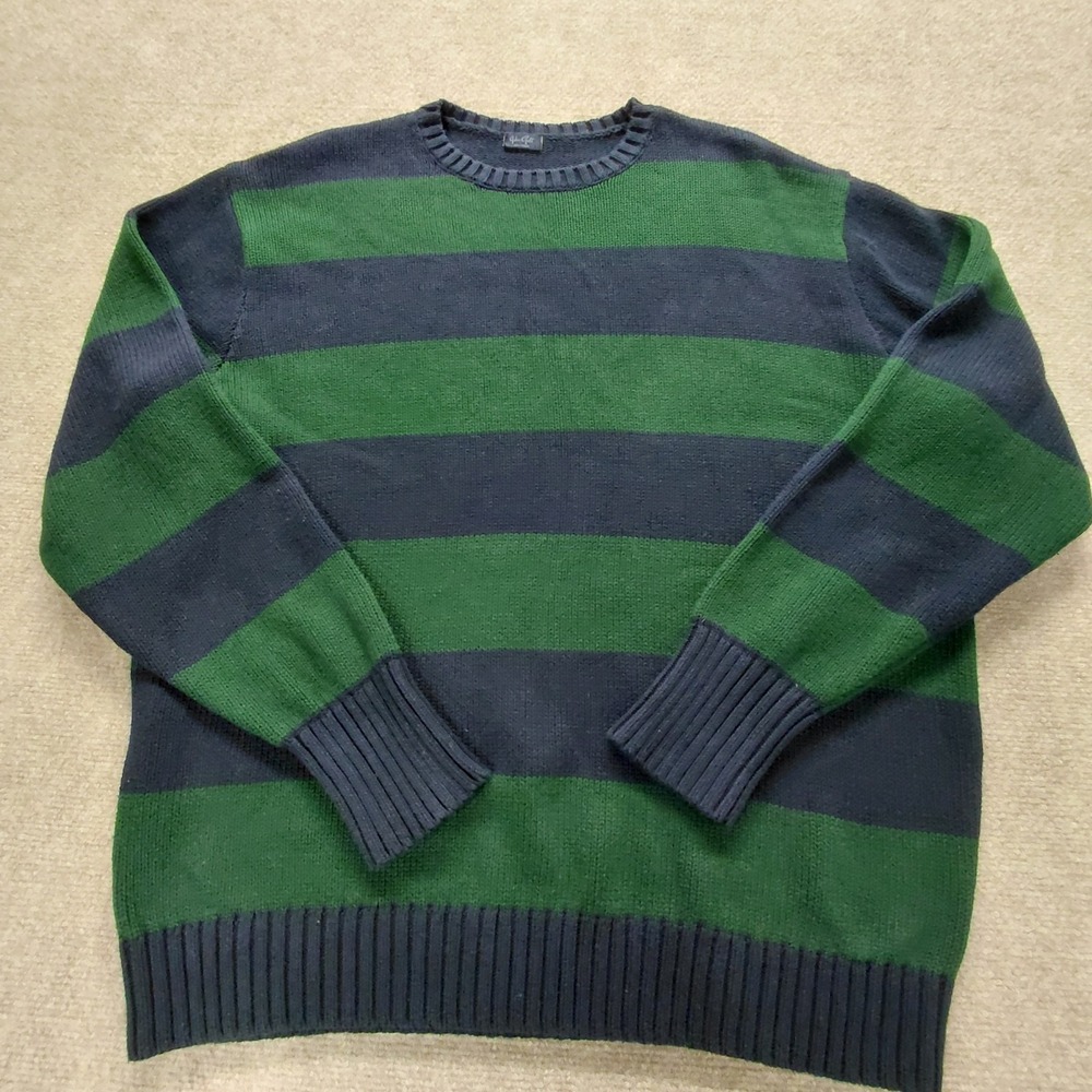 John Galt Blue‎ & Green Thick Striped 100% Cotton Crew Knit Sweater Mens MEDIUM